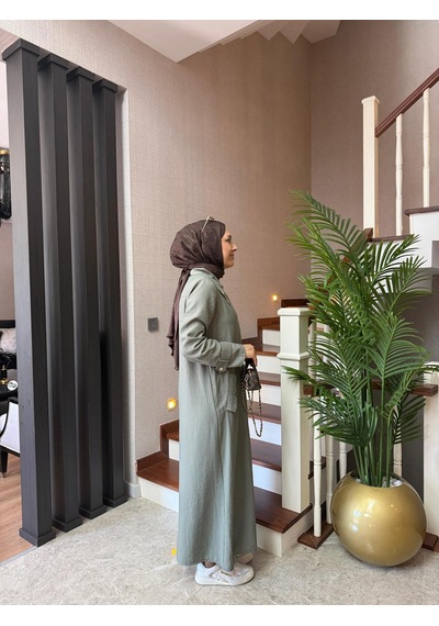 Esra Butik78 Haki Renk Büyük Beden Uyumlu Yazlık Paraşüt Kumaş Tesettür Elbise