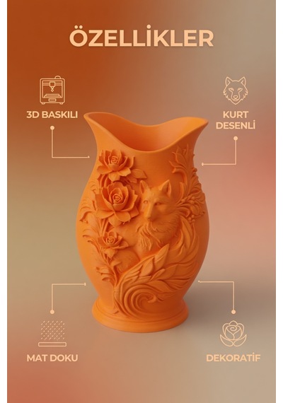Kurt Desenli Gül Kabartmalı Dekoratif Vazo Mat Dokulu Ev Ofis Salon Masa Raf Süsü Çiçeklik 15x10 Cm Turuncu