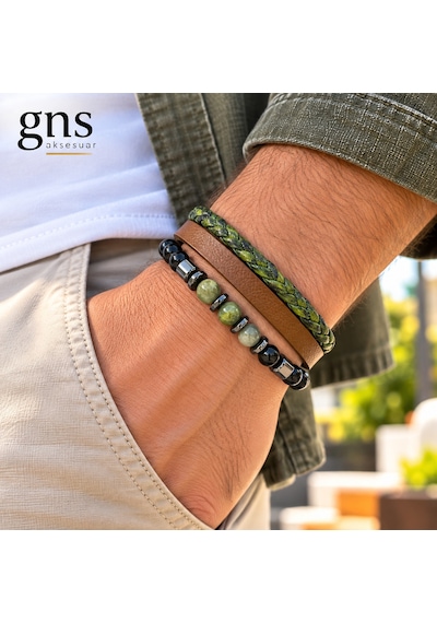 Taba&yeşil Renk %100 Deri&doğaltaş 3 Lü Kombin Erkek Bileklik Set 20 Cm Türk El Üretimi Kahverengi - Yeşil - Siyah