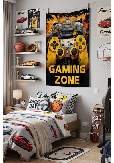 Gaming Zone Duvar Örtüsü, Oyuncu Odası Dekoru, Gamer Baskılı Kumaş Duvar Halısı Beyaz