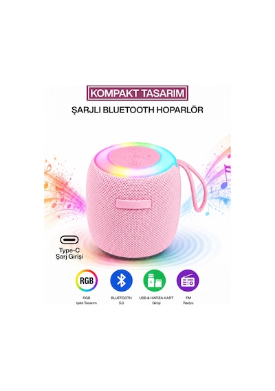 Metaforce Rgb Işıklı Şarjlı Bluetooth Hoparlör - Type-c - Fm Radyo - Usb - Hafıza Kartı Pembe