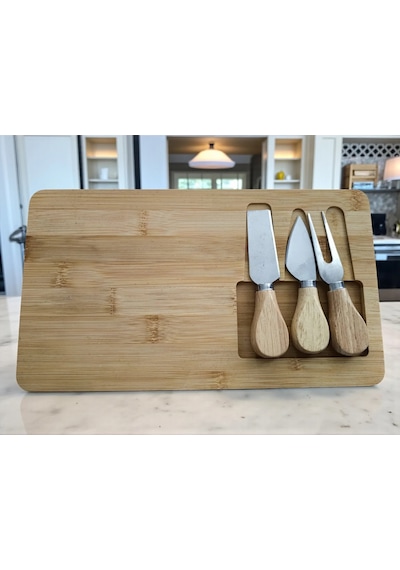 Doğal Bambu Bıçaklı Peynir Servis Sunum Tabağı Kahvaltı Sunum Tahtası Seti 4 Parça 30x17 Cm Kahverengi
