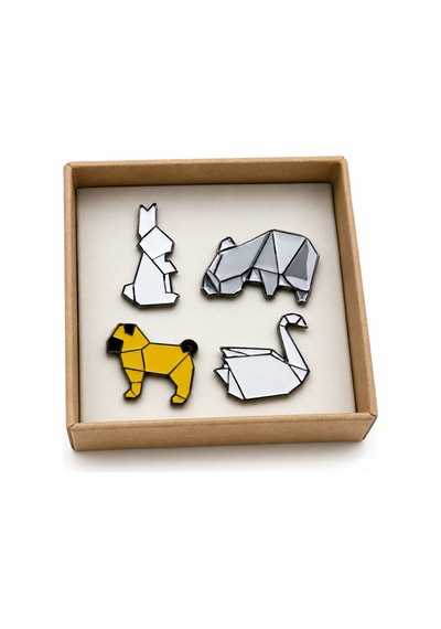 Origami Hayvanlar 4'lü Metal Rozet Seti Tavşan, Ayı, Kuğu Ve Köpek Rozet Gri