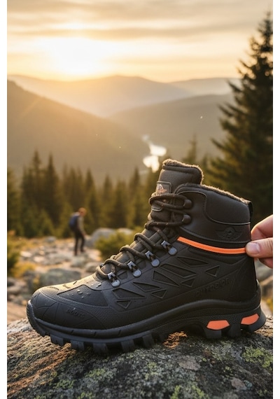 Enoch Erkek Su Geçirmez Kürklü Waterproof Outdoor Trekking Ve Dağcı Botu Siyah - Turuncu
