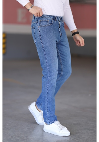 Myrab Denim Koyu Mavi Likralı Erkek Kot Pantolon - Regular Fit, Normal Bel, Kalın Kumaş Açık Mavi