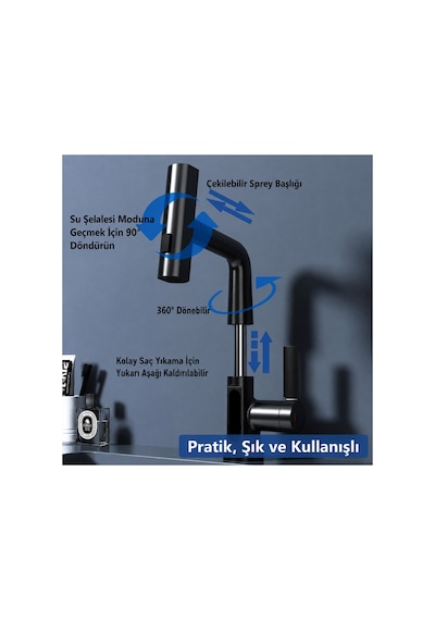 3 Modlu Led Sıcaklık Göstergeli Çekilebilir Şelale Musluk 360 Döner Mutfak Banyo Lavabo Bataryası Gri