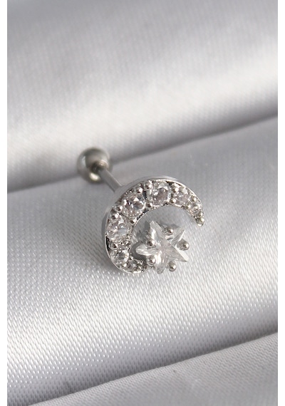 316l Çelik Gümüş Renk Zirkon Taşlı Ay Yıldız Tragus Piercing