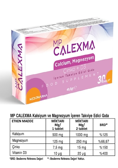Medipharma Mp Calexma Kalsiyum Magnezyum Çinko+D3 Vitamin Takviye Edici Gıda 30 Tablet
