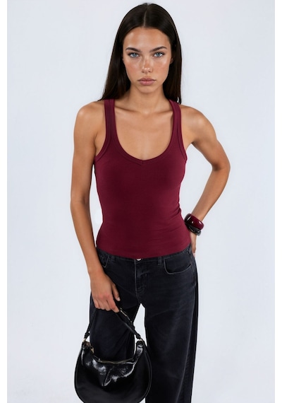 Hiccup Busem V Yaka Ribanalı Tank Top Bordo Kırmızı