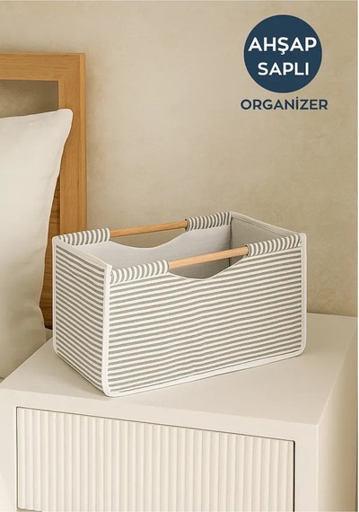Tahta Saplı Kumaş Kutu Organizer/düzenleyici 32x17x18cm Gri-beyaz