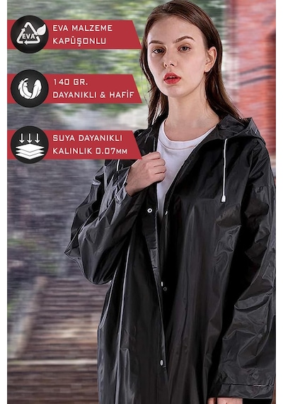 Kadın Erkek Yağmurluk Kapüşonlu Çıtçıtlı Eva Siyah Su Rüzgar Geçirmez Yağmurluk Bymmrc881r Siyah