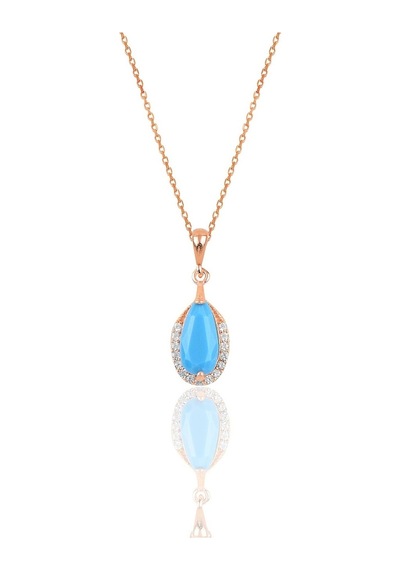 Gümüş Rose Turkuaz ve Zirkon Taşlı Damla Modeli Kolye
