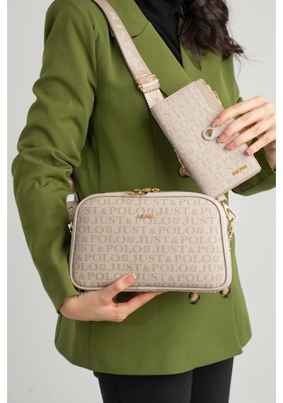 Just Polo Kadın Orta Boy Baskılı Şık Omuz Çantası Ve Cüzdanı Kombin Shopper K232053mh Taş