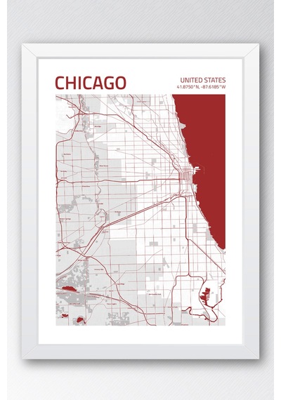 Chicago Abd Şehir Haritası Çerçeveli Tablo Lüks Salon Ofis Duvar Dekorasyonu Hediyelik Tablo Beyaz