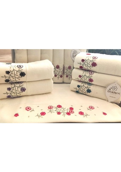 6.lı Set Annem 50x90 Cm. Özel Tafting Nakışlı Kadife Doku Çeyizlik Lüks Havlu Seti Beyaz krem