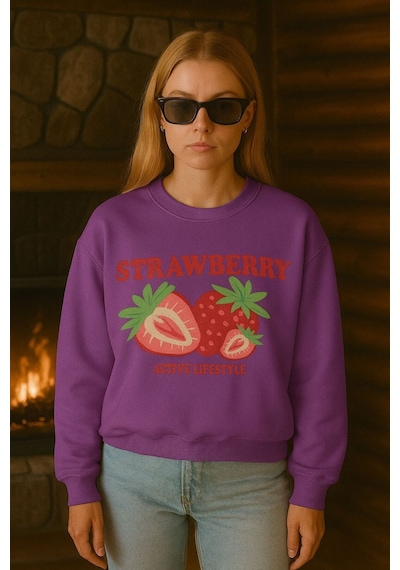 Strawberry Baskılı Unisex Sweatshırt Mor