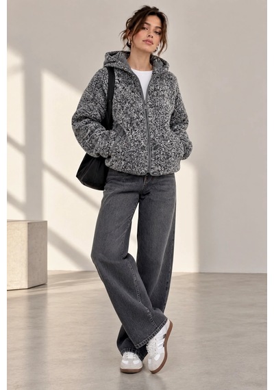 Bb Butik Basic Kadın Kapüşonlu Fermuarlı Peluş Ceket Oversize Rahat Kesim My3535 Antrasit
