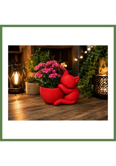 Bezos 3d Baskı Sarılan Kedi Saksı - Sevimli Dekoratif Saksı - Kırmızı Hb006