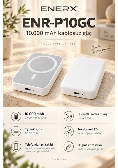 eNeRX ENR-P10GC 10.000 mAh 2.1A MagSafe Powerbank Beyaz