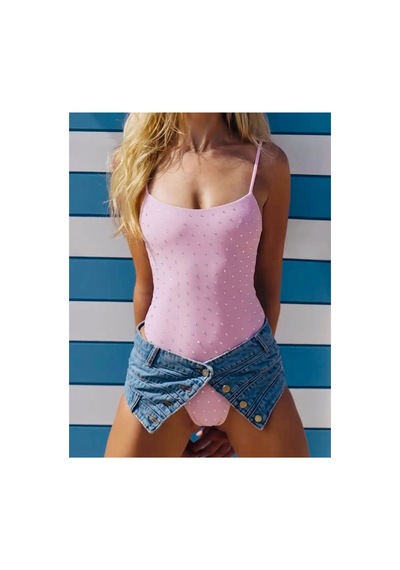 Genel Markalar Rhinestone Taşlı Pembe Mayo Pembe Pembe