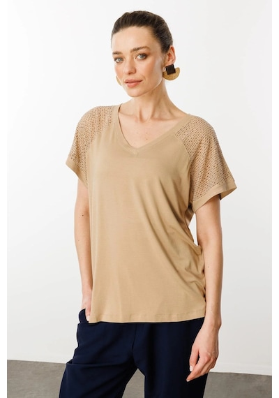 Desen Triko Kadın V Yaka Omuzları Taş Baskılı Penye T-shirt 25836 Vizon Vizon