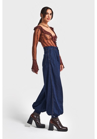Itsbasic Kadın İndigo Renk 7w5-50 Wide Leg Baggy Fit Paça Detaylı Bol Kesim Tasarım Denim Jean