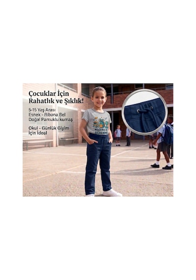 Erdem Kıds Unisex Erkek Kız Çocuk Ribana Bel Lastikli Boru Paça Kanvas-keten Keten Lacivert Okul Pantolonu Lacivert Lacivert