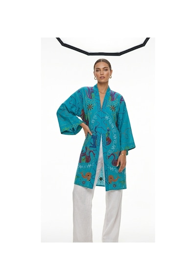 Lila Mare Hint Nakışlı Cotton Kimono Mavi Mavi