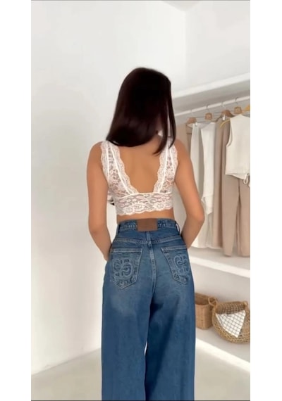 Primemagazam Kadın Dantel Bralet Crop Sütyen V Yaka Askılı Şık Esnek Rahat - Beyaz Çeşitli