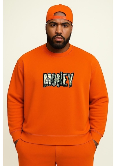 Benroma 3 İplik Penye Money Baskılı Büyük Beden Unisex Sweatshırt Turuncu