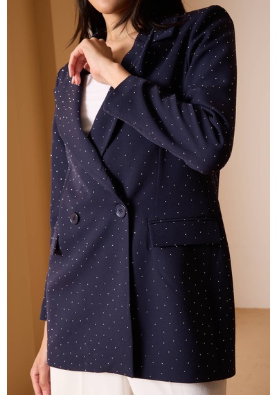 Lacivert Regular Dokuma Astarlı Taş Detaylı Blazer Ceket Lacivert