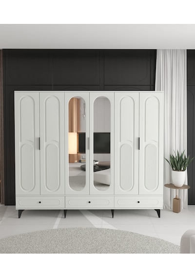 Derin 6 Kapaklı Çekmeceli Gardırop - Tamamı Mdf Beyaz