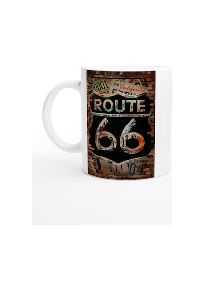 Tuğla Duvar Üzerinde Route 66 Baskılı Kupa Bardak Renkli