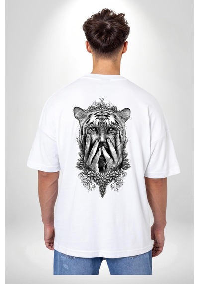 Yarım İnsan Yarım Leopar Mutant Leopar Kral Beyaz Oversize Unisex Ön Ve Sırt Baskılı Tişört Beyaz