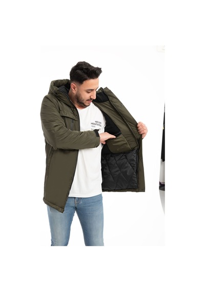 Erkek Haki Içi Polarlı Kürklü Su Ve Rüzgar Geçirmez Kapüşonlu Kışlık Mont & Kaban & Parka Haki