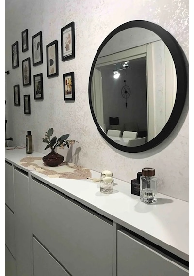 Dekoratik Yuvarlak Ayna 60 Cm Çap Antre Hol Koridor Duvar Salon Mutfak Banyo Ofis Makyaj Aynası - Siyah Siyah