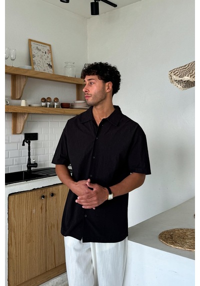 Flaw Keten Oversize Kısa Kol Gömlek Siyah-25769 Siyah
