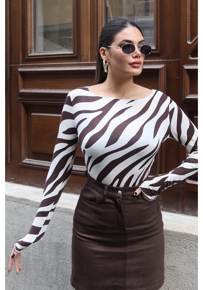 Kechi Woman Zebra Desenli Transparan Uzun Kollu Bluz Kahverengi