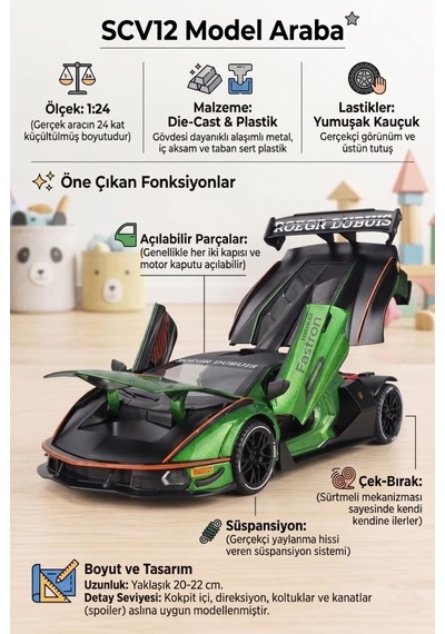 Hobiez World Orjinal 1:24 Lisanslı Çek-Bıraklı Metal Lamborghini Essenza SCV12 Model Araba