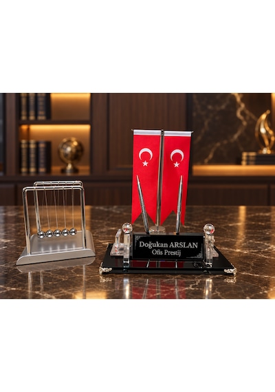 Velora Prestıge Newton Sılver 3 Parça Kişiye Özel Çift Kalemli Kristal Masa İsimliği Seti Siyah