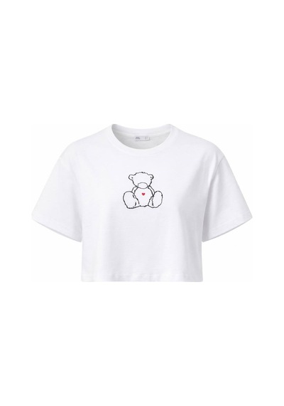 Kadın Beyaz Ayıcık Baskılı Crop Pamuk T-shirt Siyah