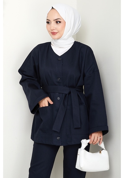 Bestenur Kemerli Ceket Pantolon Gabardin Takım 1557 - Lacivert Lacivert