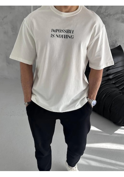 Barlashive Erkek Bisiklet Yaka Baskılı Oversize Kısa Kol T-shirt - Beyaz Çok Renkli