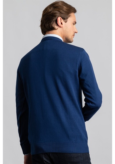 Tudors Slim Fit Dar Kesim V Yaka Pamuklu Erkek Kazak-22478 Mavi