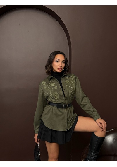 Verymoda Nakışlı Scuba Süet Gömlek - F2024 Haki