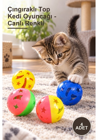 4 Adet Çıngıraklı Top Kedi Oyuncağı - Canlı Renkli