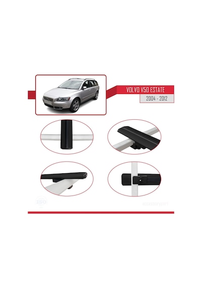 Volvo V50 Estate 2004-2012 Arası İle Uyumlu Basic Model Ara Atkı Tavan Barı Siyah 3 Adet