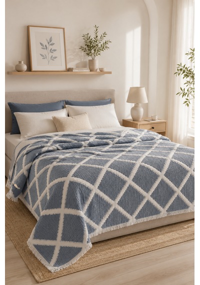 Premium Geometrik Kare Desenli %100 Pamuk Müslin Çift Taraflı Yatak Örtüsü Pike 220x240 Çift Kişilik İndigo