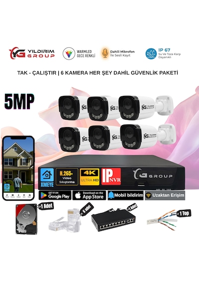 Yıldırımgroup 6 Kameralı Sesli 5mp Ip-gece Renkli Araç Ve Yüz Tanımalı Kamera Sistemi-hazır Kamera Seti
