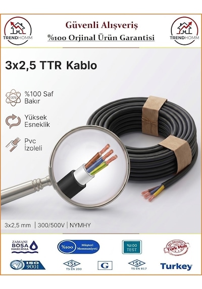 Öznur 3x2,5 Ttr Elektrik Kablosu - El Aletleri Uzatma Kablosu - Siyah - %100 Bakır - 8 Metre